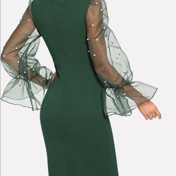 Elegant Midi Dress with Sheer Sleeves & Pearls - Picture 4 of 8